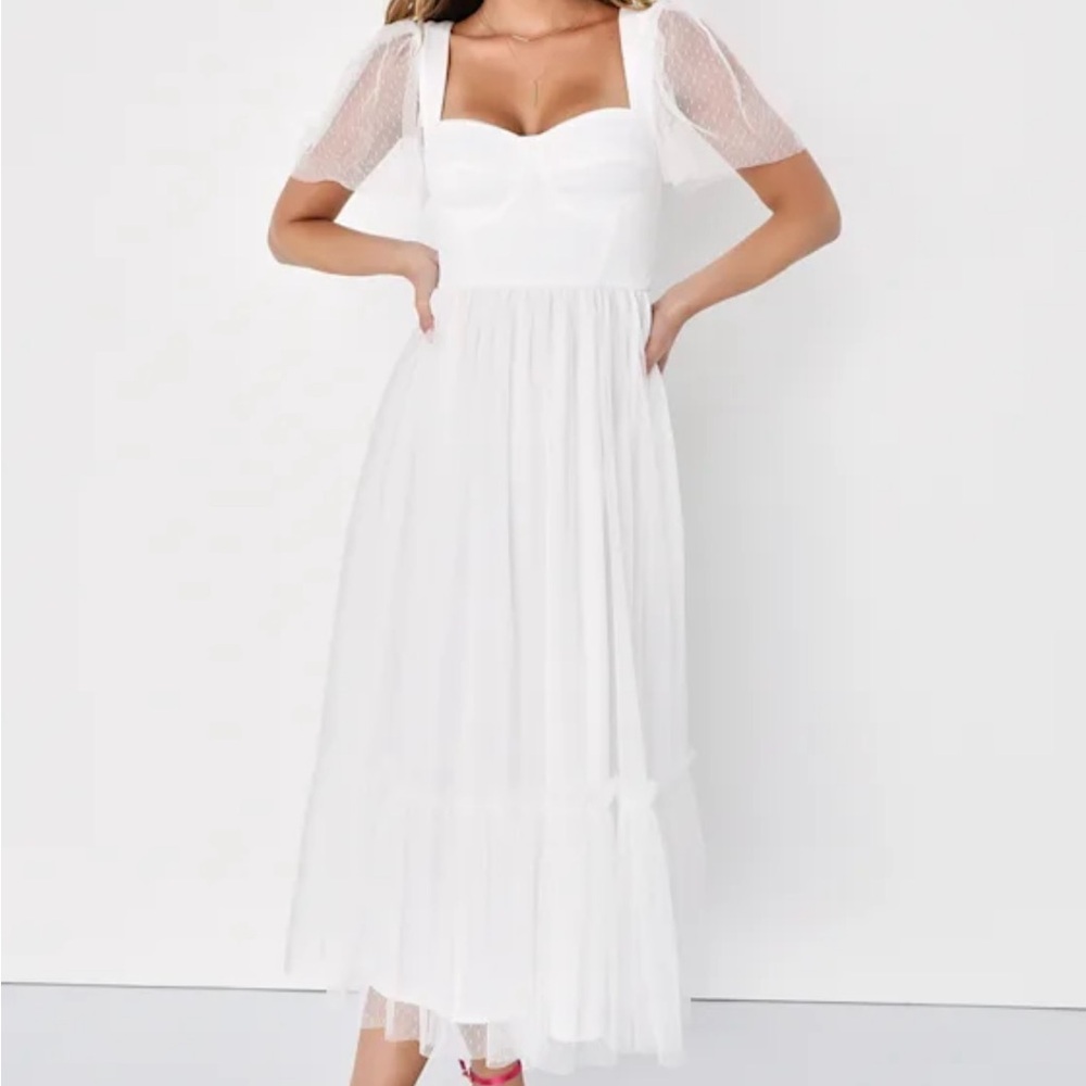 Lulu's Dreamy Celebration White Tulle Bustier Swiss Dot Midi Dress